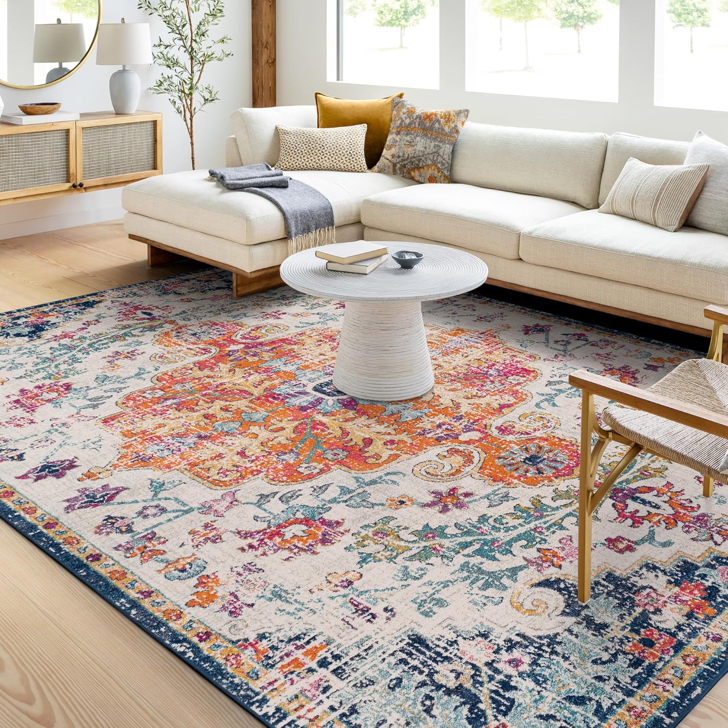 Boho Geometric Orange Navy Rug